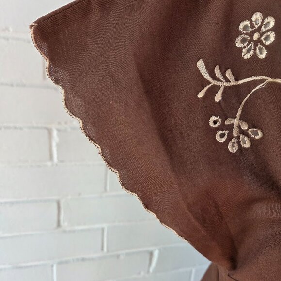 Vintage Chocolate Brown Embroidered Linen Shift Dress with Buttons & Tie Accent - Picture 2 of 13